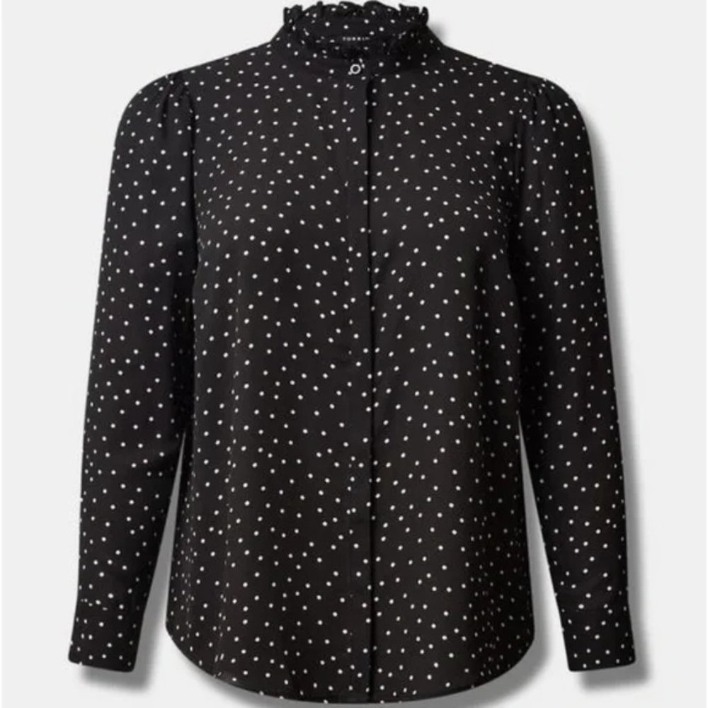 Torrid Madison Georgette Ruffle Mock Neck Button-up Polka Dot Shirt